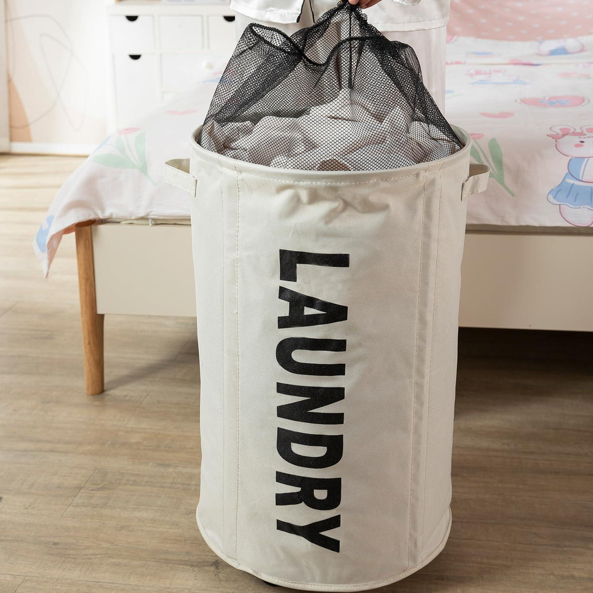HOKIPO Foldable Laundry Hamper with Wheels, Cream - HOKIPO | Har Ghar ka Humsafar