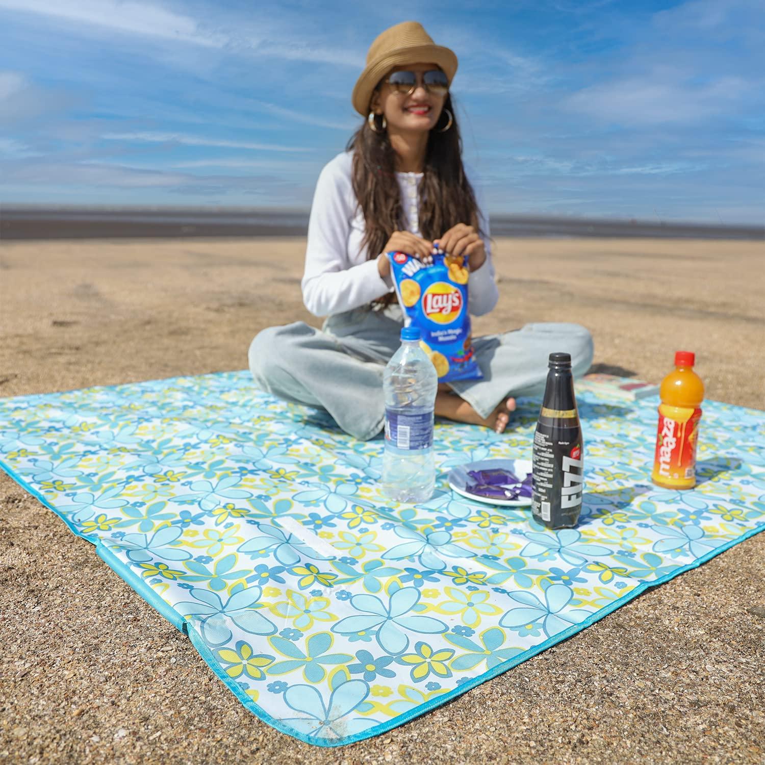 HOKIPO Foldable Waterproof and Sandproof Picnic Mat Blanket, Floral Blue - HOKIPO | Har Ghar ka Humsafar