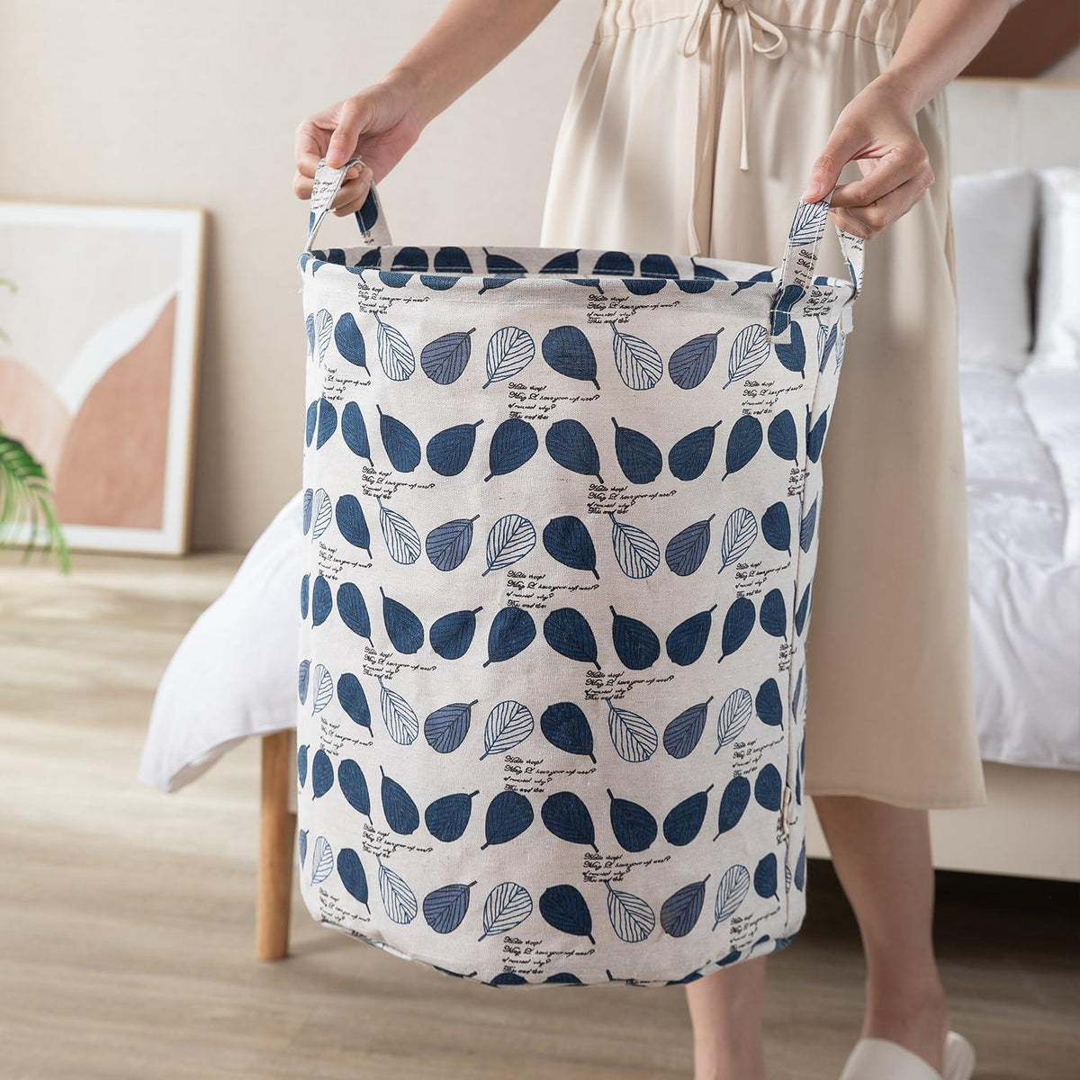 HOKIPO Folding Laundry Basket for Clothes, Round Collapsible Storage Basket, 42 - Ltr - Leaves - HOKIPO | Har Ghar ka Humsafar