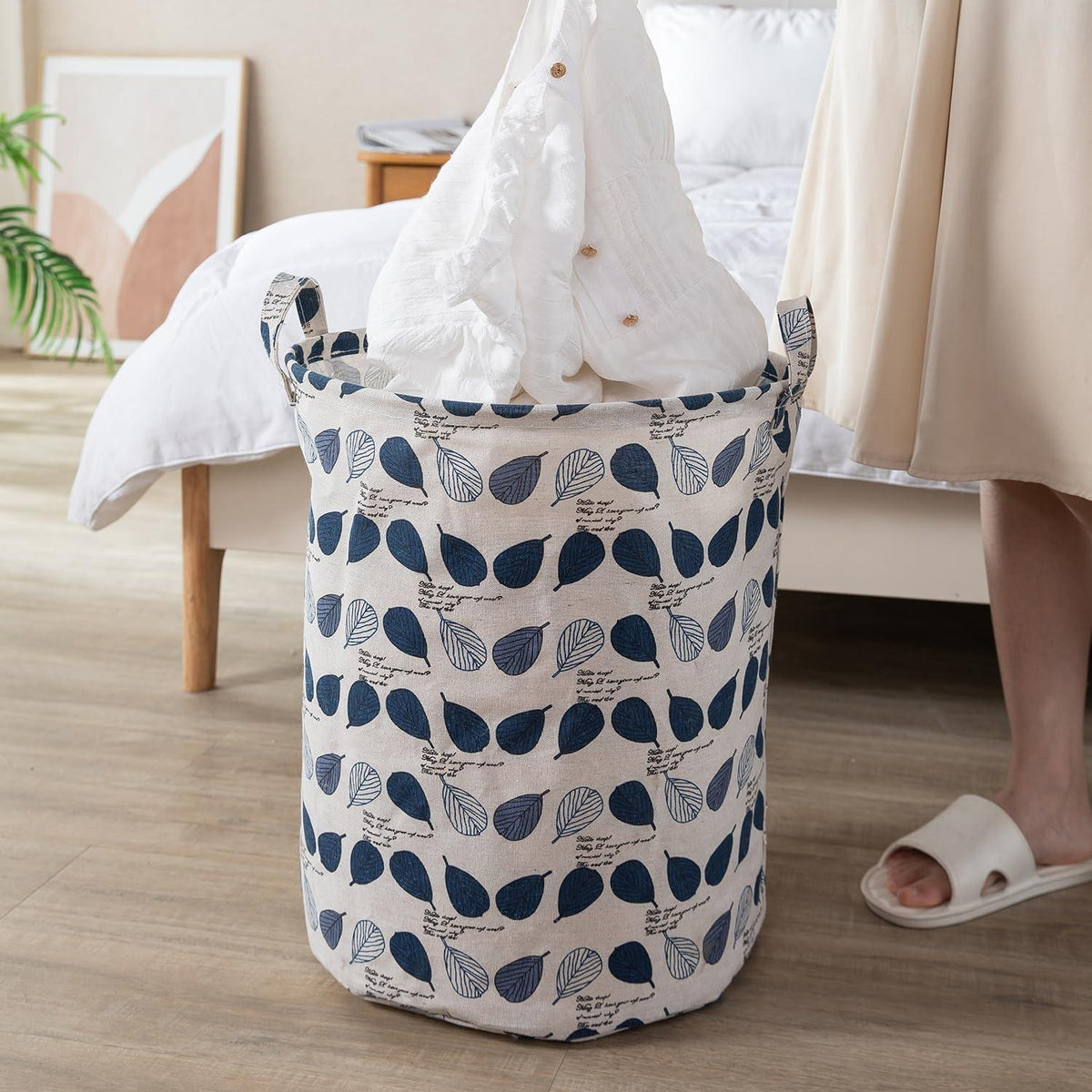 HOKIPO Folding Laundry Basket for Clothes, Round Collapsible Storage Basket, 42 - Ltr - Leaves - HOKIPO | Har Ghar ka Humsafar