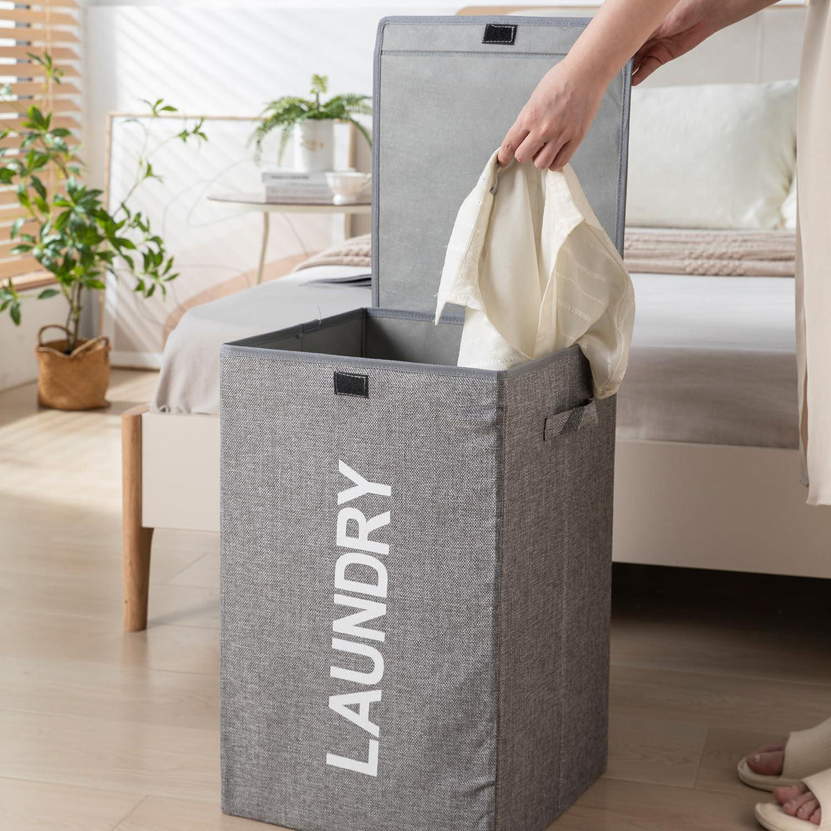 HOKIPO Jute Foldable Laundry Basket For Clothes With Lid & Handle, Grey - HOKIPO | Har Ghar ka Humsafar