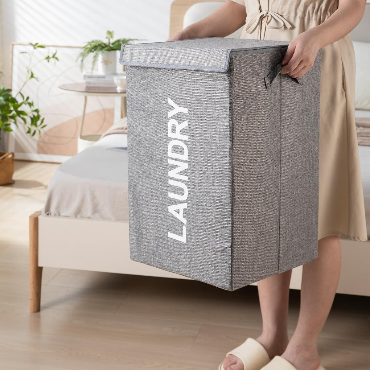 HOKIPO Jute Foldable Laundry Basket For Clothes With Lid & Handle, Grey - HOKIPO | Har Ghar ka Humsafar