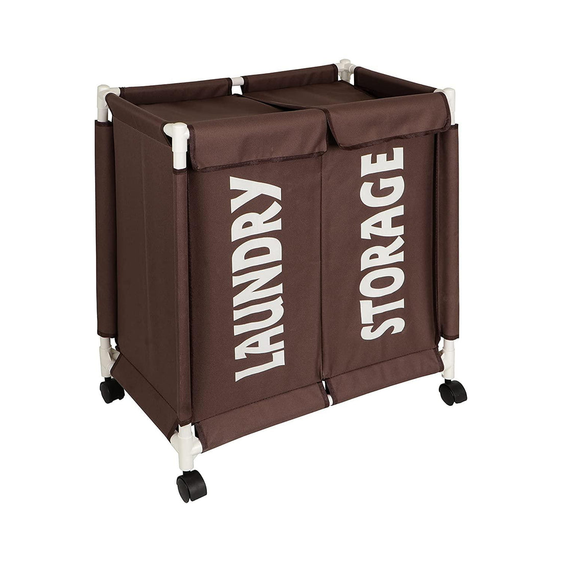 HOKIPO Oxford Fabric 2 Compartment Laundry Basket Trolley With Wheels - Brown - HOKIPO | Har Ghar ka Humsafar