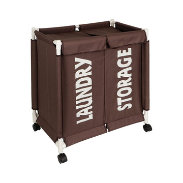 HOKIPO Oxford Fabric 2 Compartment Laundry Basket Trolley With Wheels - Brown - HOKIPO | Har Ghar ka Humsafar