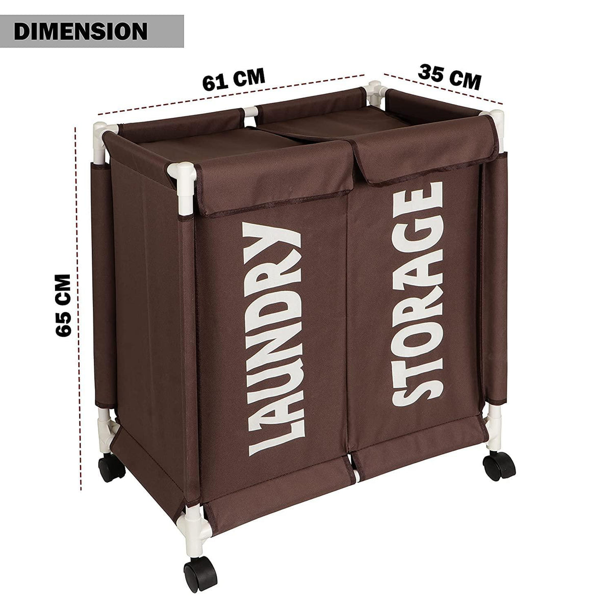 HOKIPO Oxford Fabric 2 Compartment Laundry Basket Trolley With Wheels - Brown - HOKIPO | Har Ghar ka Humsafar