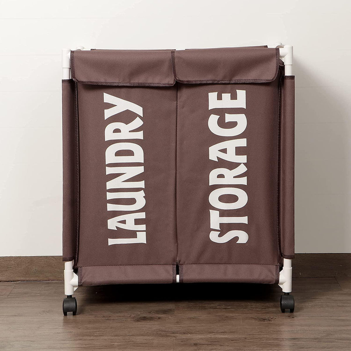 HOKIPO Oxford Fabric 2 Compartment Laundry Basket Trolley With Wheels - Brown - HOKIPO | Har Ghar ka Humsafar