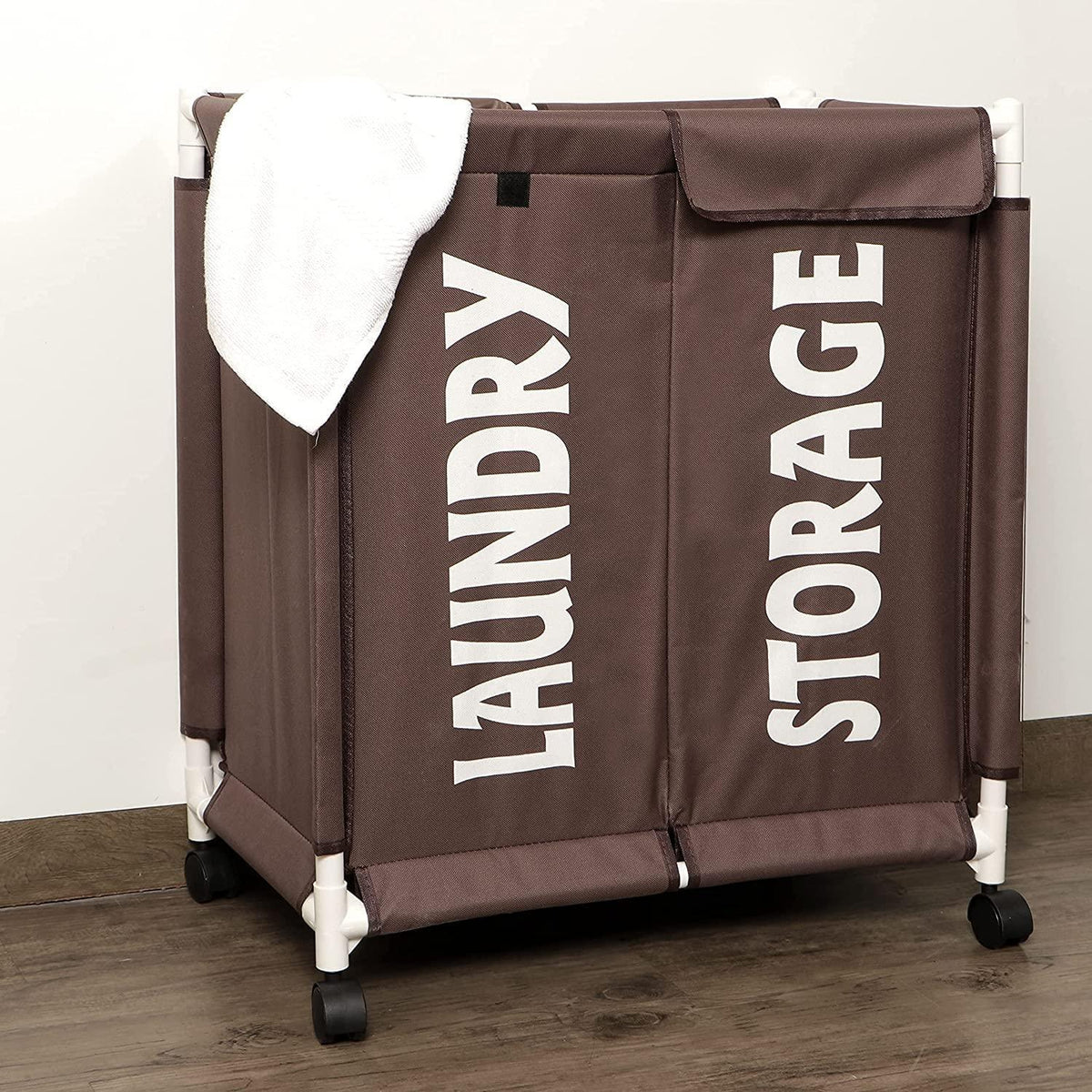 HOKIPO Oxford Fabric 2 Compartment Laundry Basket Trolley With Wheels - Brown - HOKIPO | Har Ghar ka Humsafar