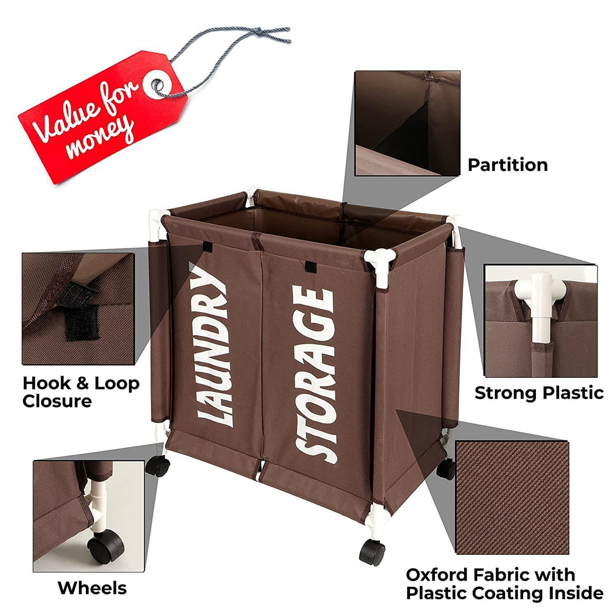 HOKIPO Oxford Fabric 2 Compartment Laundry Basket Trolley With Wheels - Brown - HOKIPO | Har Ghar ka Humsafar