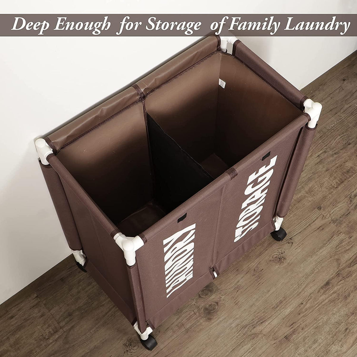 HOKIPO Oxford Fabric 2 Compartment Laundry Basket Trolley With Wheels - Brown - HOKIPO | Har Ghar ka Humsafar