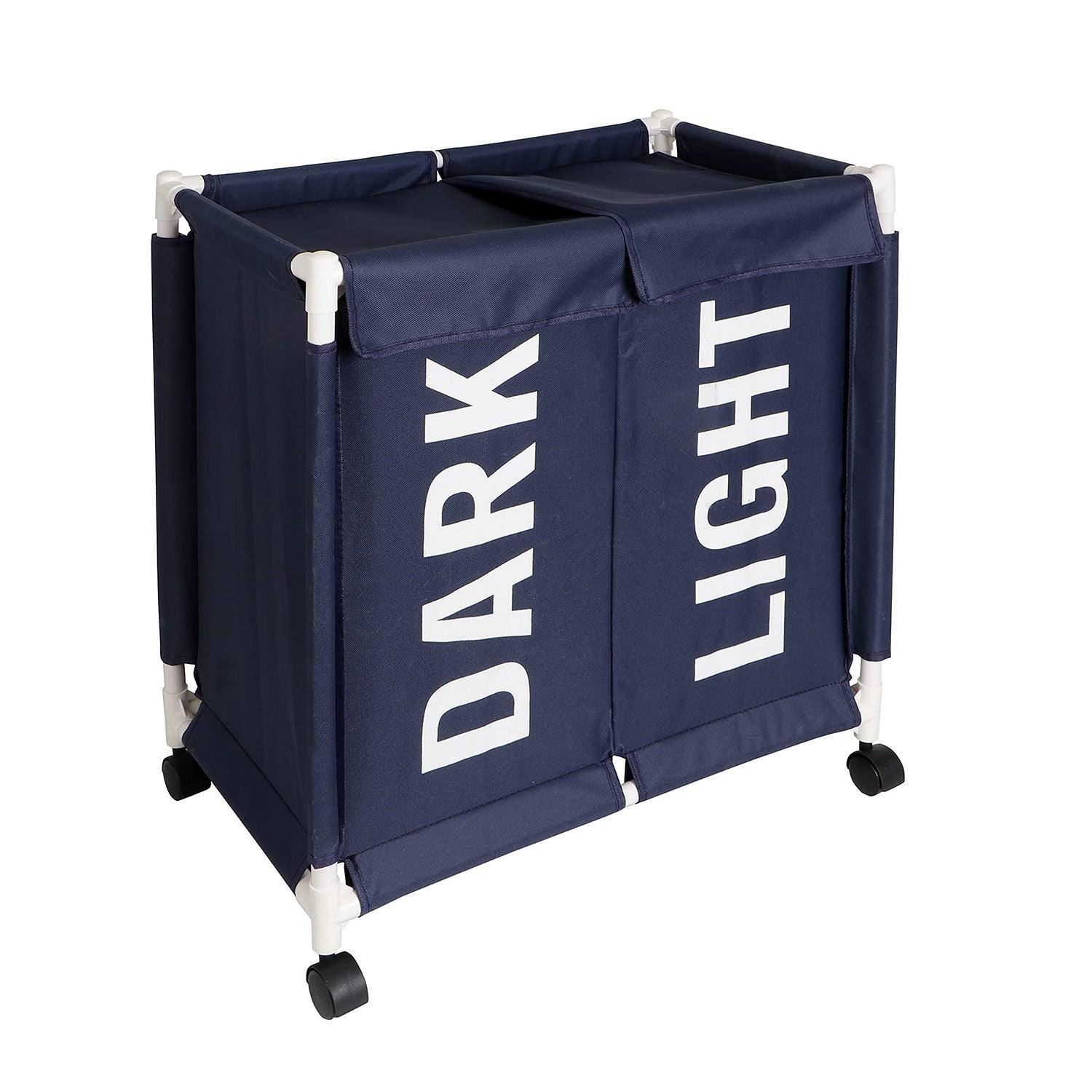 HOKIPO Oxford Fabric Laundry 2 Compartment Basket Trolley With Wheels - 65x61x35 cm, Dark Blue - HOKIPO | Har Ghar ka Humsafar