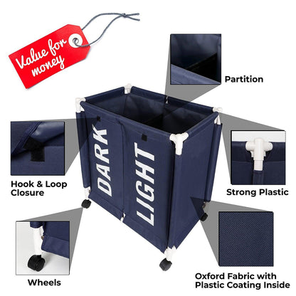 HOKIPO Oxford Fabric Laundry 2 Compartment Basket Trolley With Wheels - 65x61x35 cm, Dark Blue - HOKIPO | Har Ghar ka Humsafar