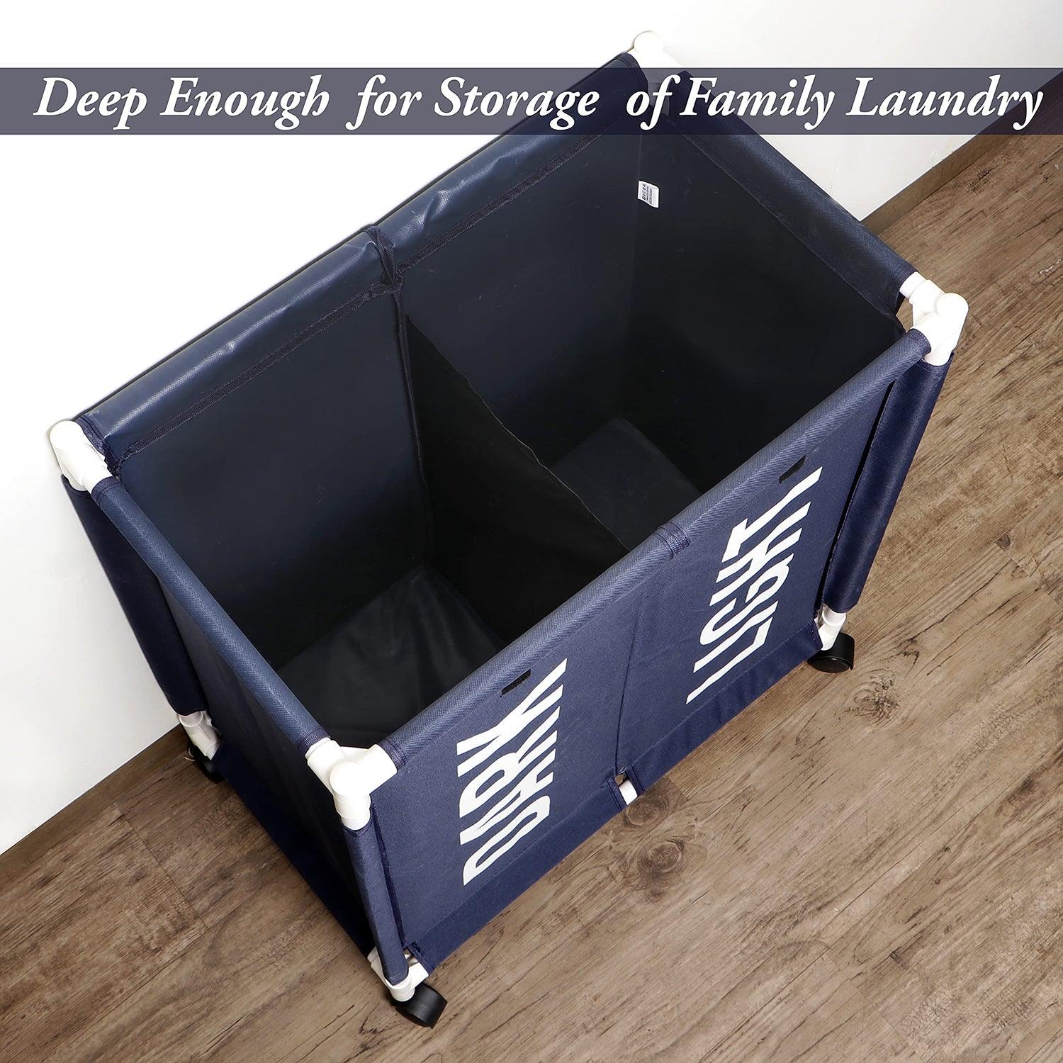 HOKIPO Oxford Fabric Laundry 2 Compartment Basket Trolley With Wheels - 65x61x35 cm, Dark Blue - HOKIPO | Har Ghar ka Humsafar