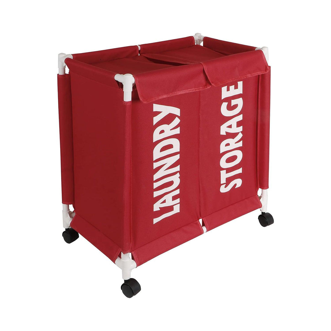 HOKIPO Oxford Fabric Laundry 2 Compartment Basket Trolley With Wheels - 65x61x35 cm, Red - HOKIPO | Har Ghar ka Humsafar