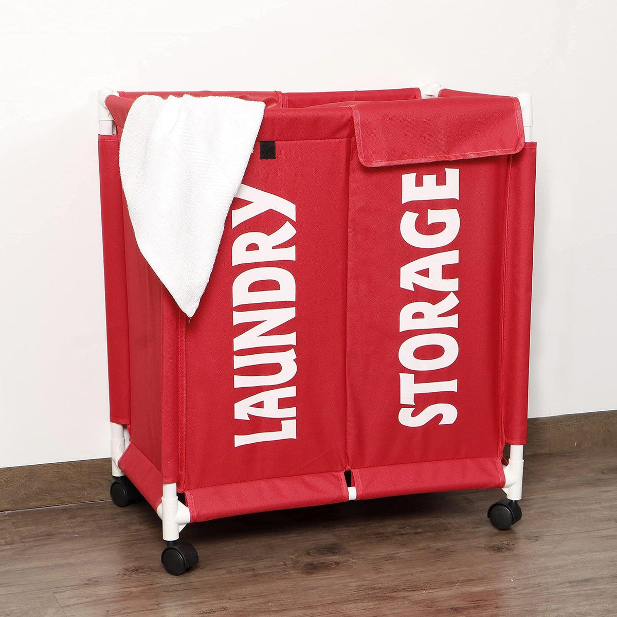 HOKIPO Oxford Fabric Laundry 2 Compartment Basket Trolley With Wheels - 65x61x35 cm, Red - HOKIPO | Har Ghar ka Humsafar