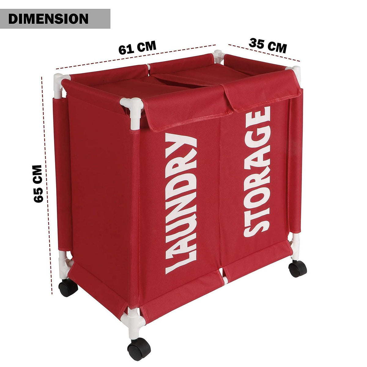 HOKIPO Oxford Fabric Laundry 2 Compartment Basket Trolley With Wheels - 65x61x35 cm, Red - HOKIPO | Har Ghar ka Humsafar