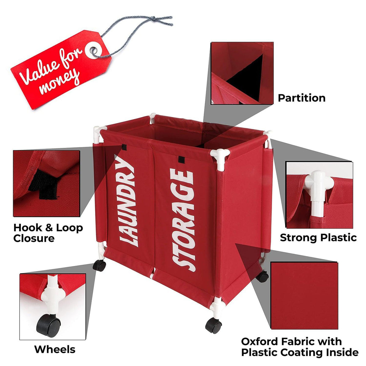 HOKIPO Oxford Fabric Laundry 2 Compartment Basket Trolley With Wheels - 65x61x35 cm, Red - HOKIPO | Har Ghar ka Humsafar