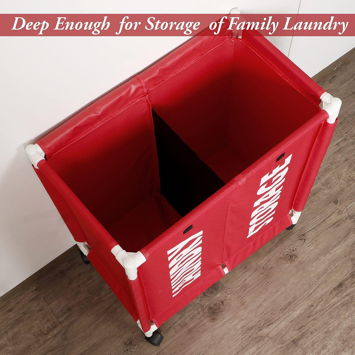 HOKIPO Oxford Fabric Laundry 2 Compartment Basket Trolley With Wheels - 65x61x35 cm, Red - HOKIPO | Har Ghar ka Humsafar