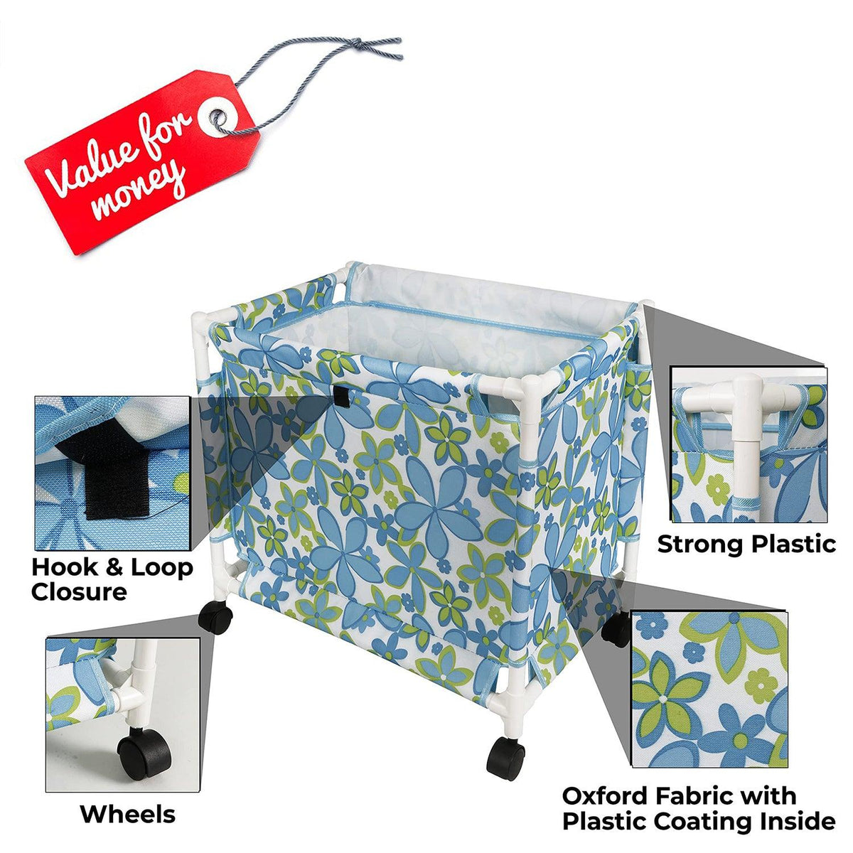 HOKIPO Oxford Fabric Laundry Basket Trolley With Wheels - 46x54x34 cm, Blue - HOKIPO | Har Ghar ka Humsafar
