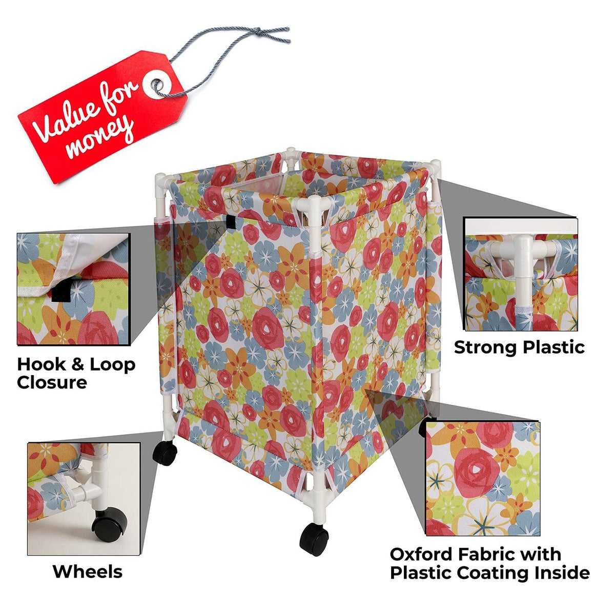HOKIPO Oxford Fabric Laundry Basket Trolley With Wheels - 60x44x44 cm, Multicolor - HOKIPO | Har Ghar ka Humsafar