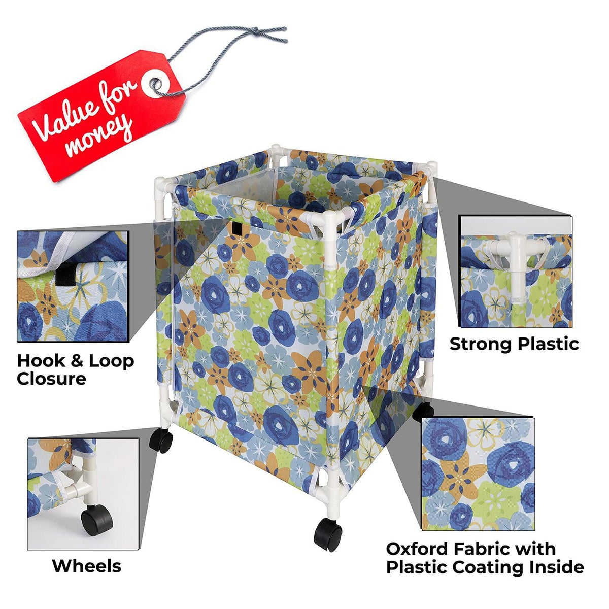 HOKIPO Oxford Fabric Laundry Basket Trolley With Wheels - 60x44x44 cm, Multicolor - HOKIPO | Har Ghar ka Humsafar