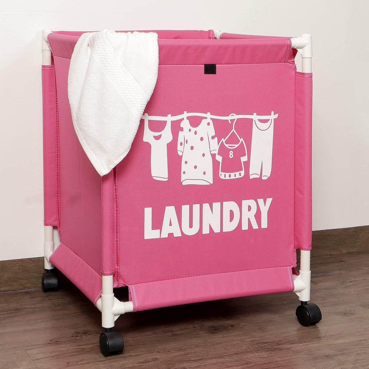 HOKIPO Oxford Fabric Laundry Basket Trolley With Wheels - 60x44x44 cm, Pink - HOKIPO | Har Ghar ka Humsafar