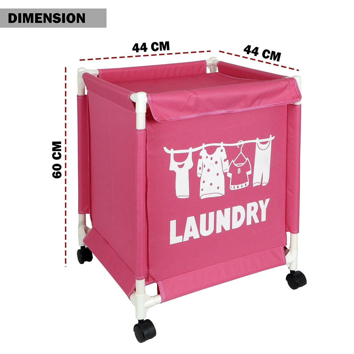 HOKIPO Oxford Fabric Laundry Basket Trolley With Wheels - 60x44x44 cm, Pink - HOKIPO | Har Ghar ka Humsafar