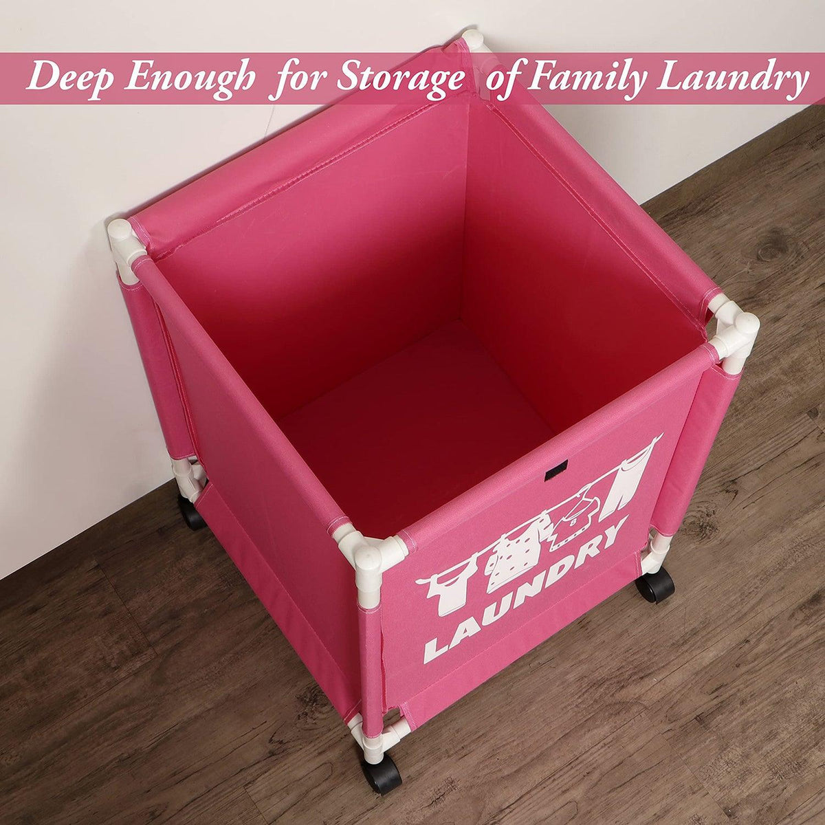 HOKIPO Oxford Fabric Laundry Basket Trolley With Wheels - 60x44x44 cm, Pink - HOKIPO | Har Ghar ka Humsafar