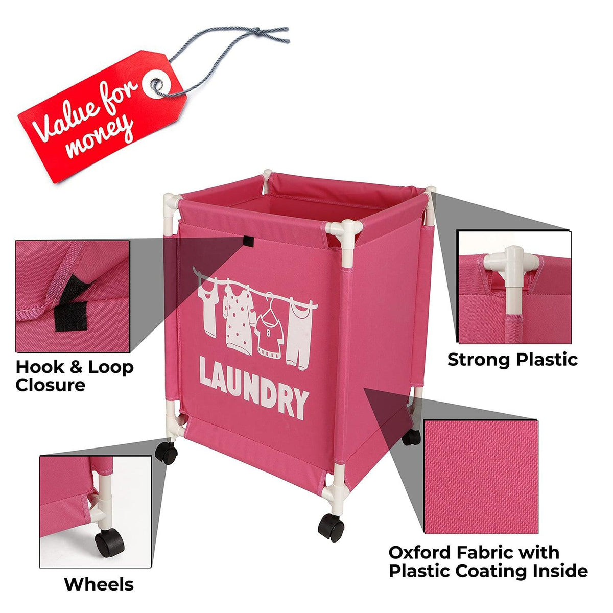 HOKIPO Oxford Fabric Laundry Basket Trolley With Wheels - 60x44x44 cm, Pink - HOKIPO | Har Ghar ka Humsafar