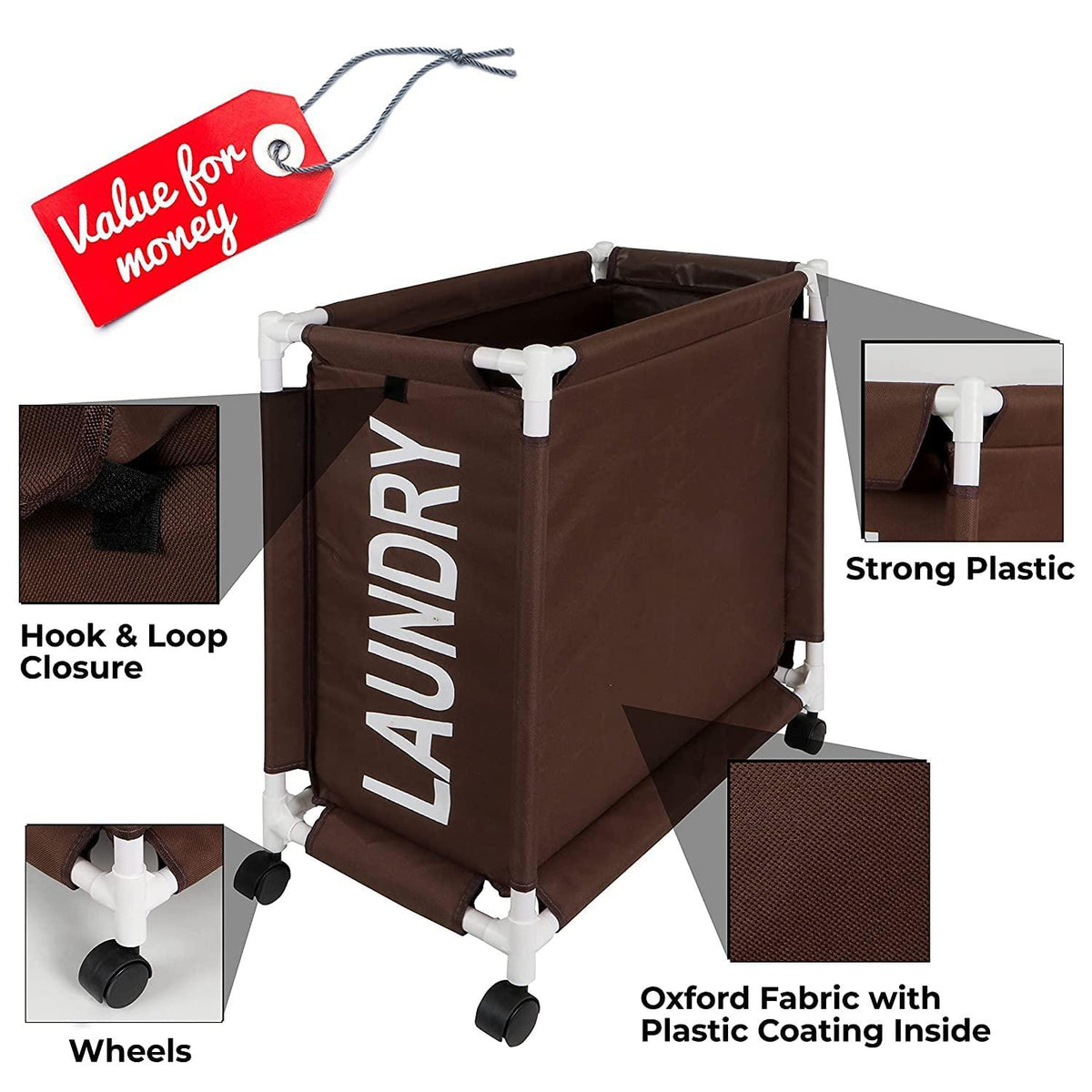 HOKIPO Oxford Fabric Laundry Basket Trolley With Wheels - 65x30x58 cm, Brown - HOKIPO | Har Ghar ka Humsafar
