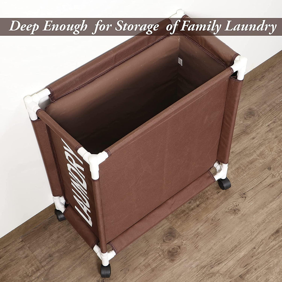 HOKIPO Oxford Fabric Laundry Basket Trolley With Wheels - 65x30x58 cm, Brown - HOKIPO | Har Ghar ka Humsafar