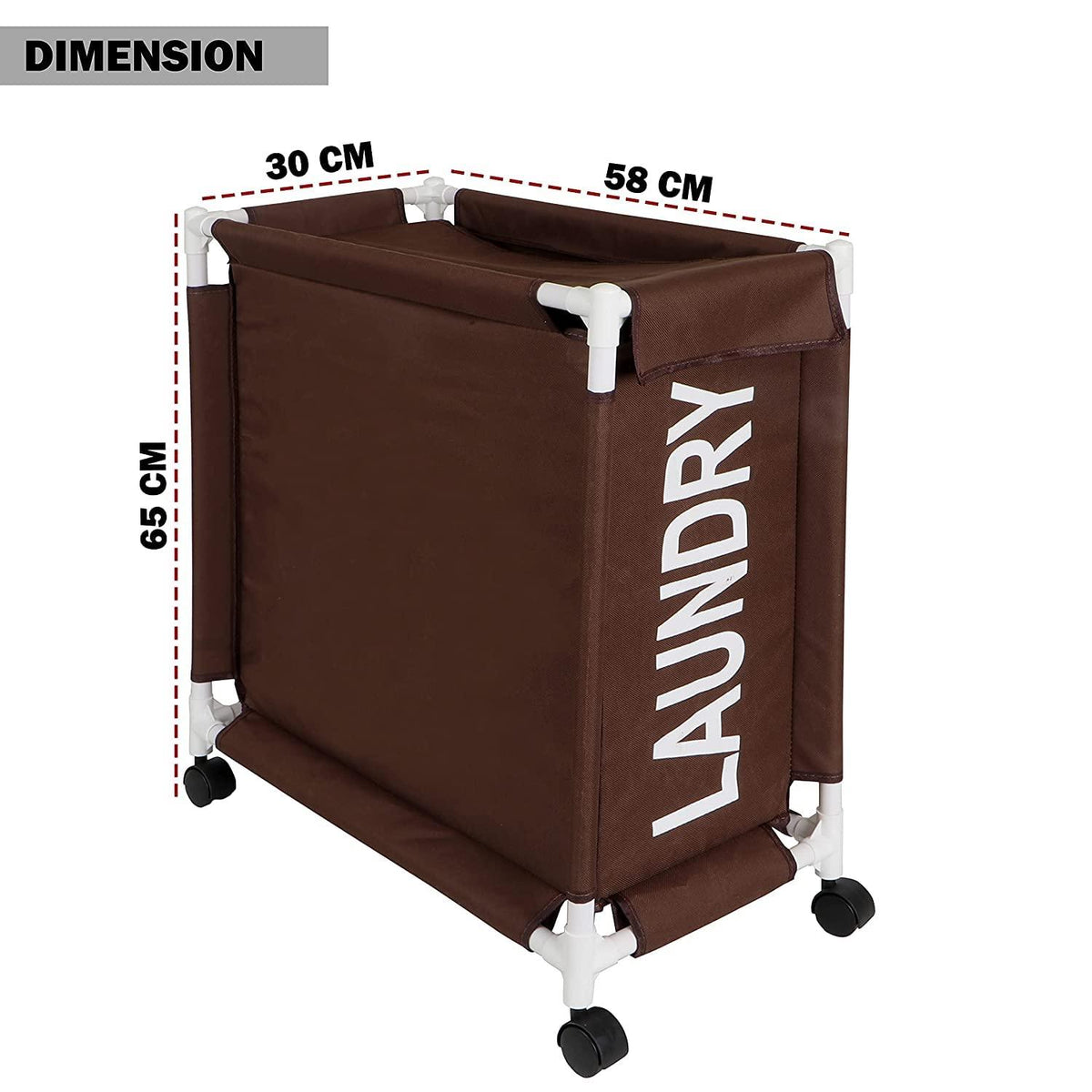 HOKIPO Oxford Fabric Laundry Basket Trolley With Wheels - 65x30x58 cm, Brown - HOKIPO | Har Ghar ka Humsafar