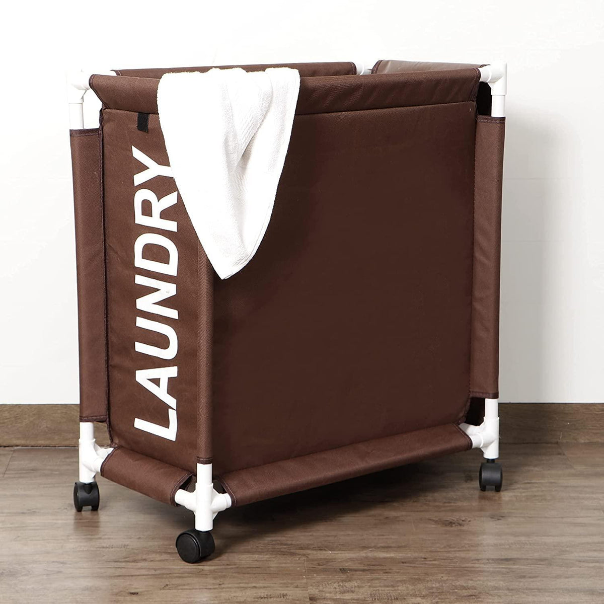 HOKIPO Oxford Fabric Laundry Basket Trolley With Wheels - 65x30x58 cm, Brown - HOKIPO | Har Ghar ka Humsafar