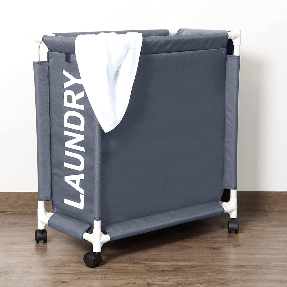 HOKIPO Oxford Fabric Laundry Basket Trolley With Wheels - 65x30x58 cm, Grey - HOKIPO | Har Ghar ka Humsafar