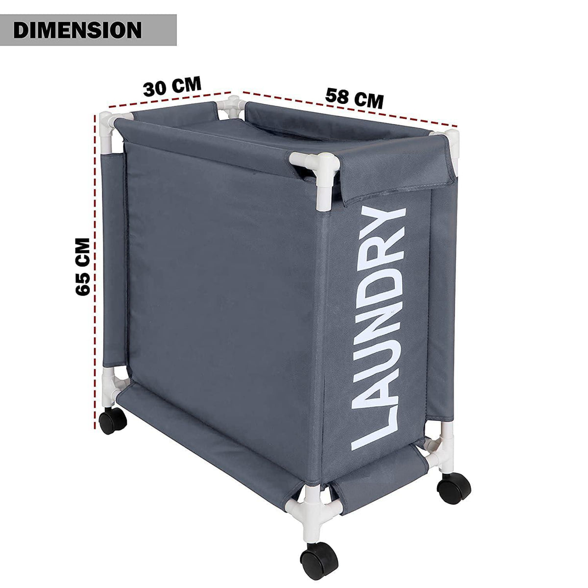 HOKIPO Oxford Fabric Laundry Basket Trolley With Wheels - 65x30x58 cm, Grey - HOKIPO | Har Ghar ka Humsafar