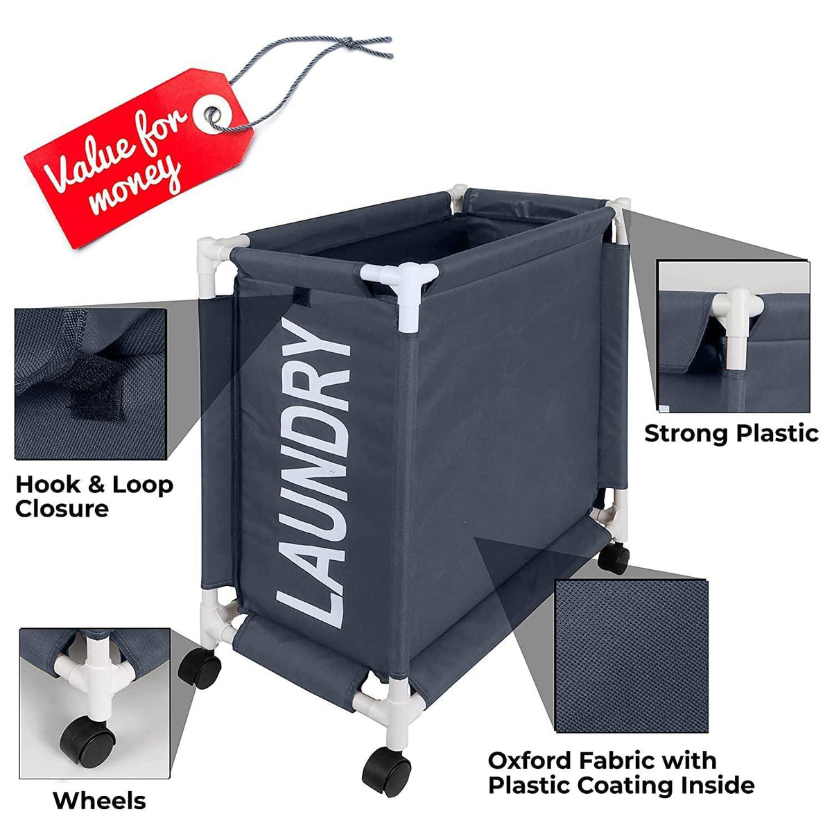 HOKIPO Oxford Fabric Laundry Basket Trolley With Wheels - 65x30x58 cm, Grey - HOKIPO | Har Ghar ka Humsafar