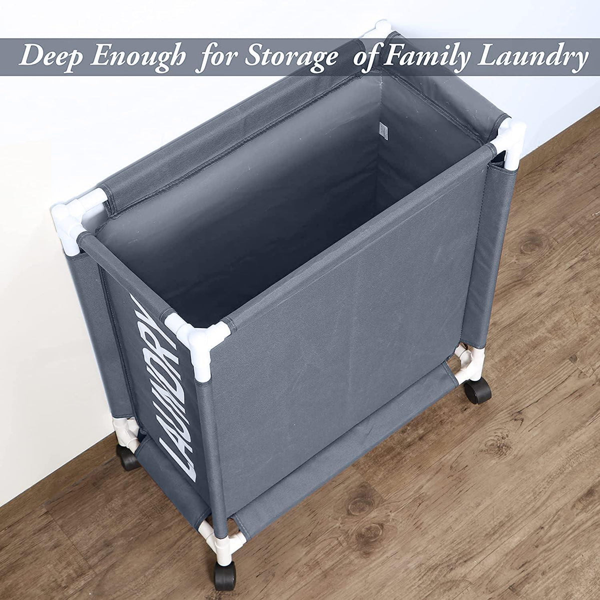 HOKIPO Oxford Fabric Laundry Basket Trolley With Wheels - 65x30x58 cm, Grey - HOKIPO | Har Ghar ka Humsafar