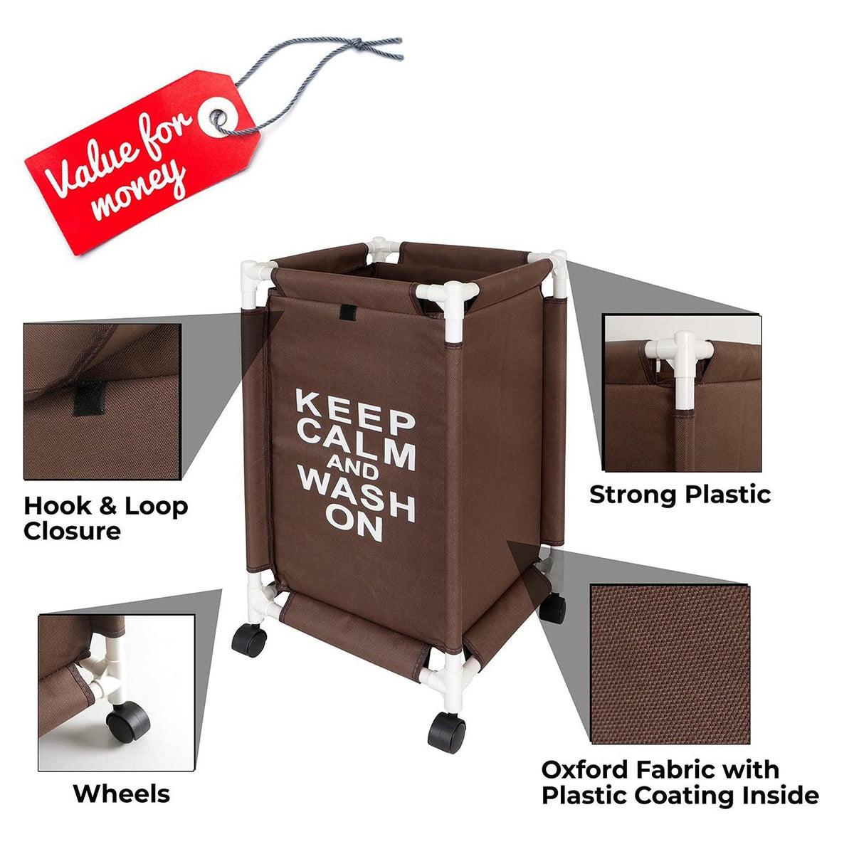 HOKIPO Oxford Fabric Laundry Basket Trolley With Wheels - 65x35x35 cm, Brown - HOKIPO | Har Ghar ka Humsafar