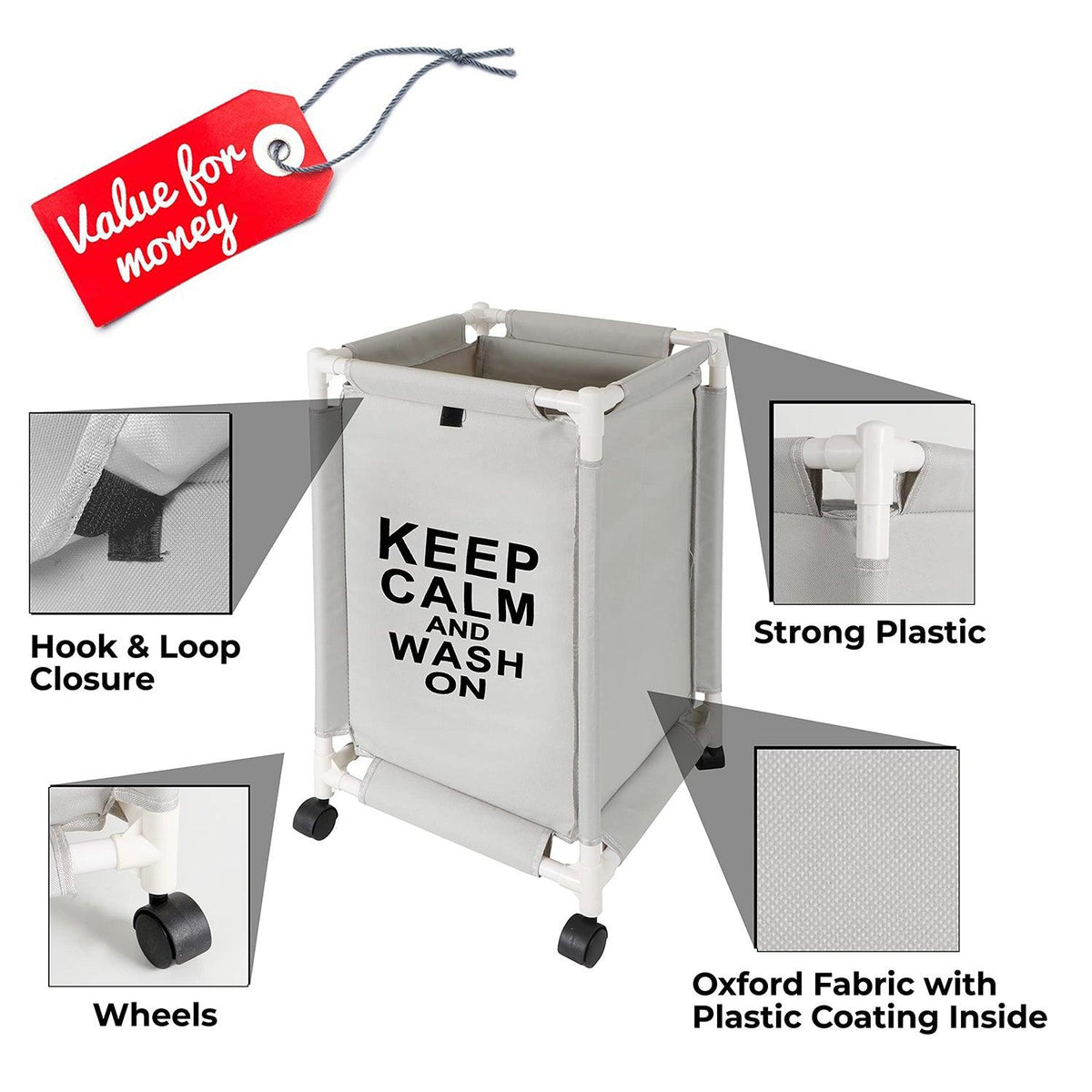 HOKIPO Oxford Fabric Laundry Basket Trolley With Wheels - 65x35x35 cm, Grey - HOKIPO | Har Ghar ka Humsafar