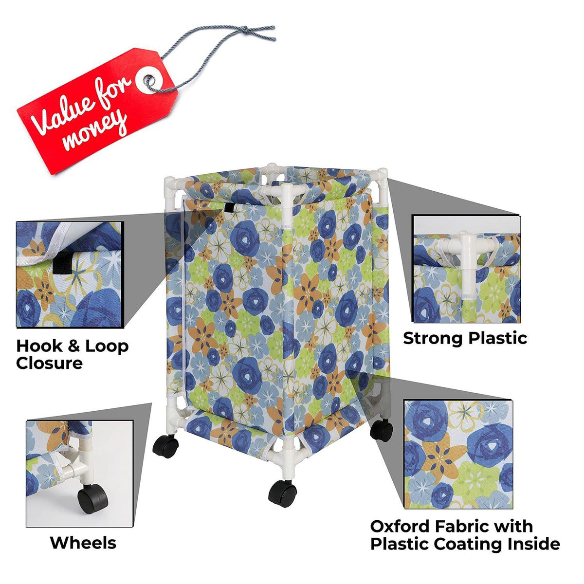 HOKIPO Oxford Fabric Laundry Basket Trolley With Wheels - 65x35x35 cm, Multicolor - HOKIPO | Har Ghar ka Humsafar
