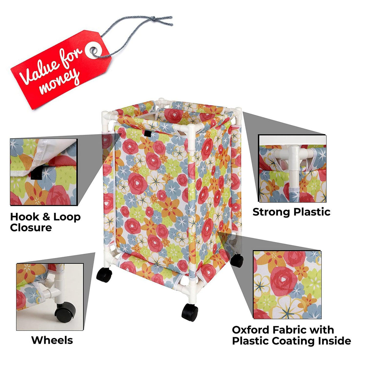 HOKIPO Oxford Fabric Laundry Basket Trolley With Wheels - 65x35x35 cm, Multicolor - HOKIPO | Har Ghar ka Humsafar