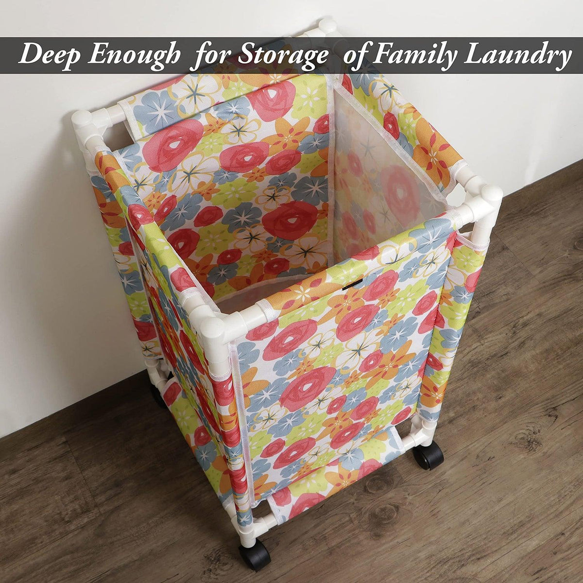 HOKIPO Oxford Fabric Laundry Basket Trolley With Wheels - 65x35x35 cm, Multicolor - HOKIPO | Har Ghar ka Humsafar
