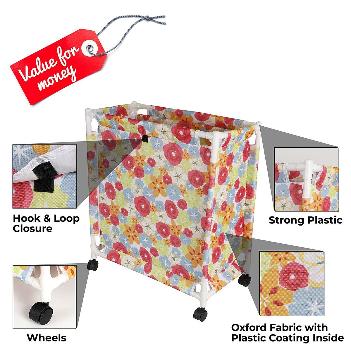 HOKIPO Oxford Fabric Laundry Basket Trolley With Wheels - 65x56x31 cm, Multicolor - HOKIPO | Har Ghar ka Humsafar