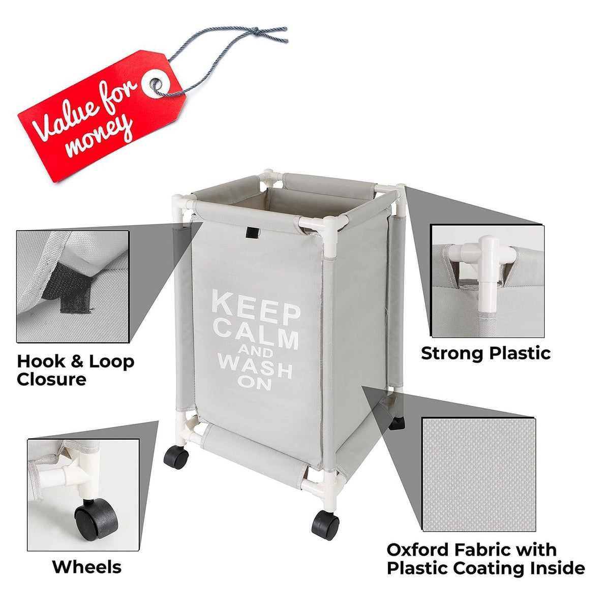 HOKIPO Oxford Fabric Laundry Basket Trolley With Wheels - 68x35x35 cm, Grey - HOKIPO | Har Ghar ka Humsafar