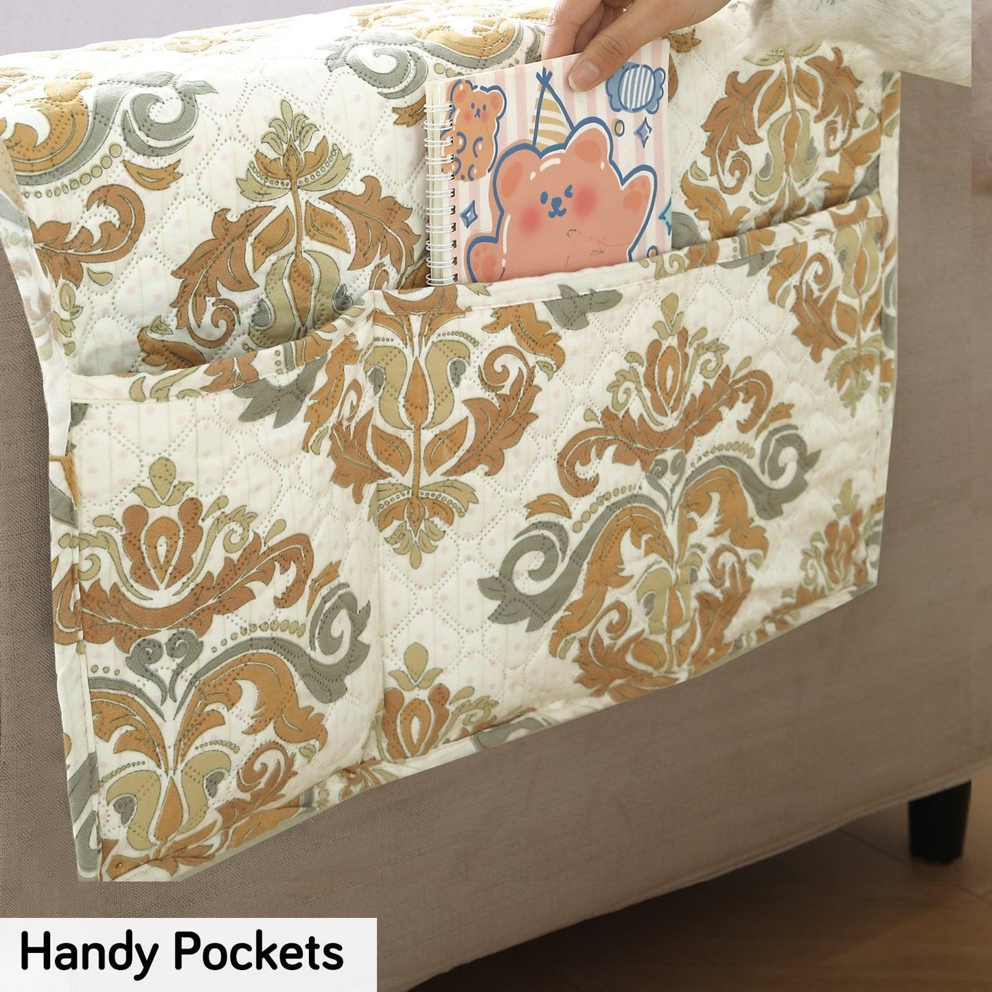 HOKIPO Polyester 2 Pcs Printed Quilted Sofa Armrest Cover, Damask Beige - HOKIPO | Har Ghar ka Humsafar