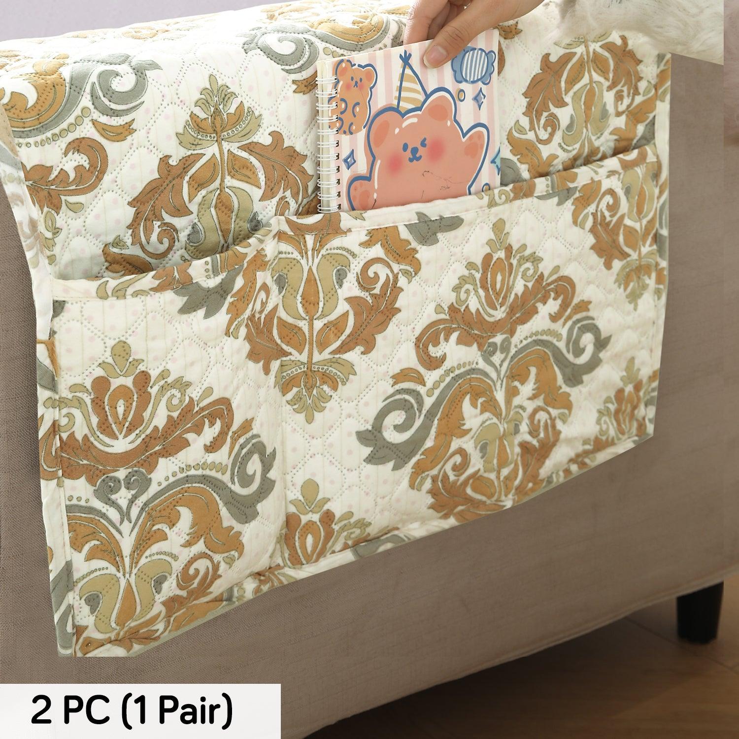 HOKIPO Polyester 2 Pcs Printed Quilted Sofa Armrest Cover, Damask Beige - HOKIPO | Har Ghar ka Humsafar