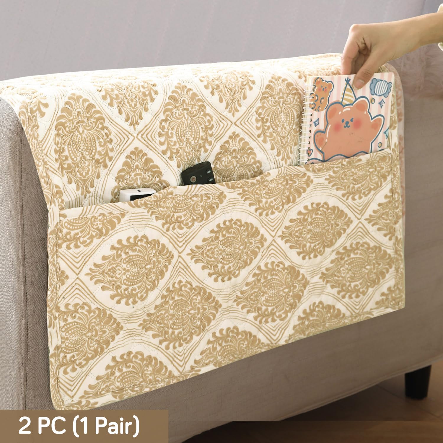 HOKIPO Polyester 2 Pcs Printed Quilted Sofa Armrest Cover, Ogee Ivory - HOKIPO | Har Ghar ka Humsafar