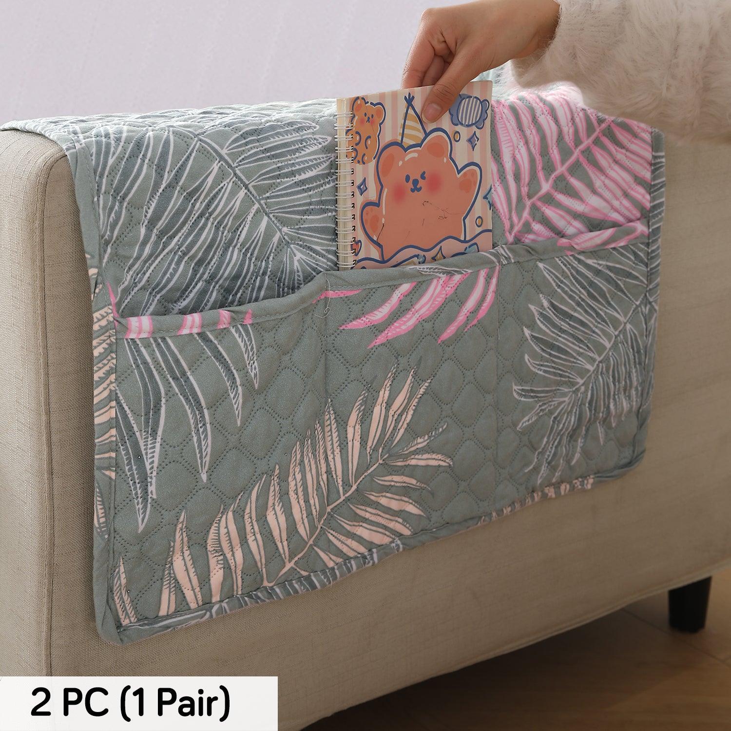 HOKIPO Polyester 2 Pcs Printed Quilted Sofa Armrest Cover, Tropical Leaves Pastel Green - HOKIPO | Har Ghar ka Humsafar