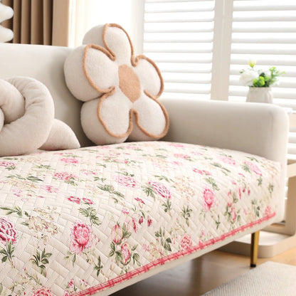 HOKIPO Printed Quilted Sofa Cover L Shape, Beige Peonies - HOKIPO | Har Ghar ka Humsafar