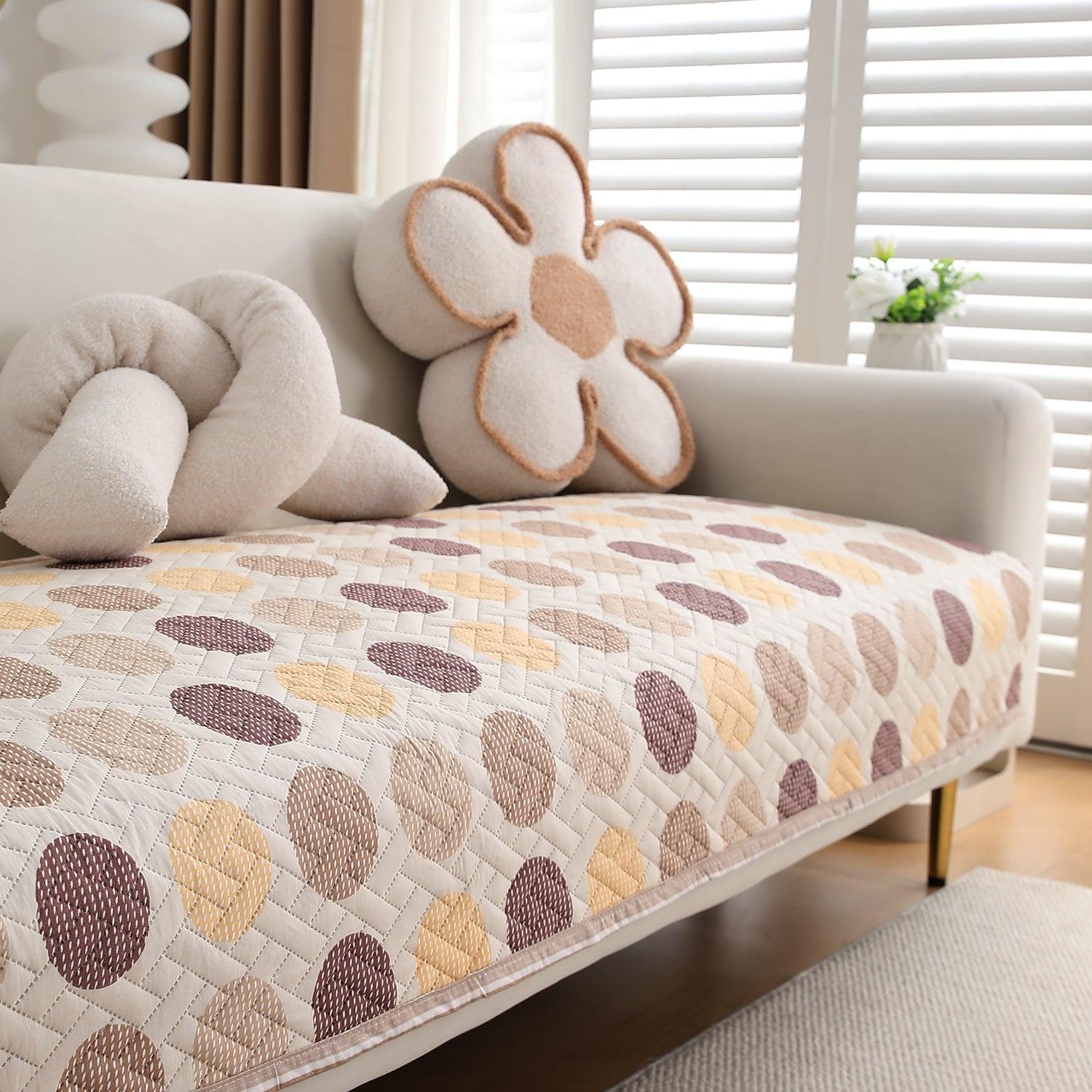 HOKIPO Printed Quilted Sofa Cover L Shape, Brown Polka Dot - HOKIPO | Har Ghar ka Humsafar