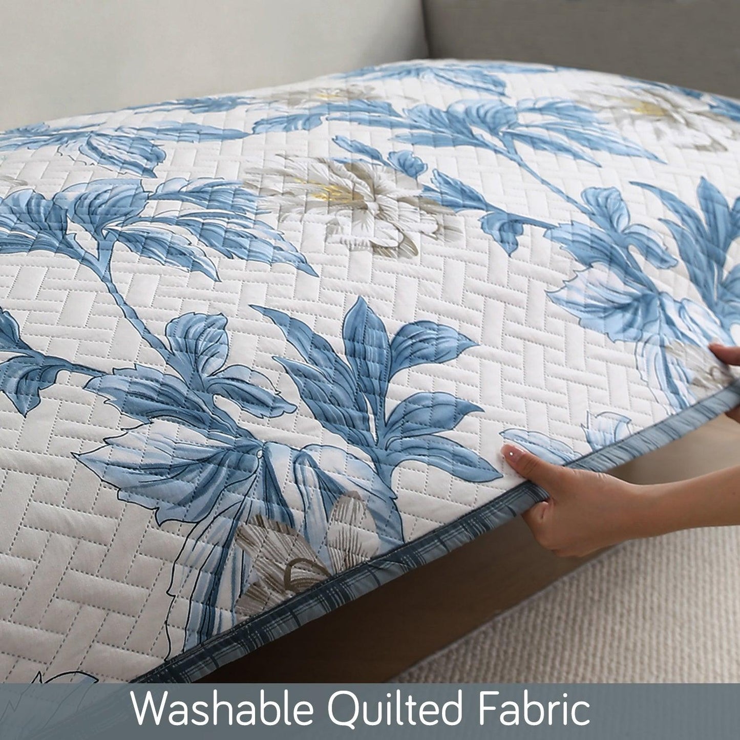 HOKIPO Printed Quilted Sofa Cover L Shape, Celadon Blue Camellia - HOKIPO | Har Ghar ka Humsafar